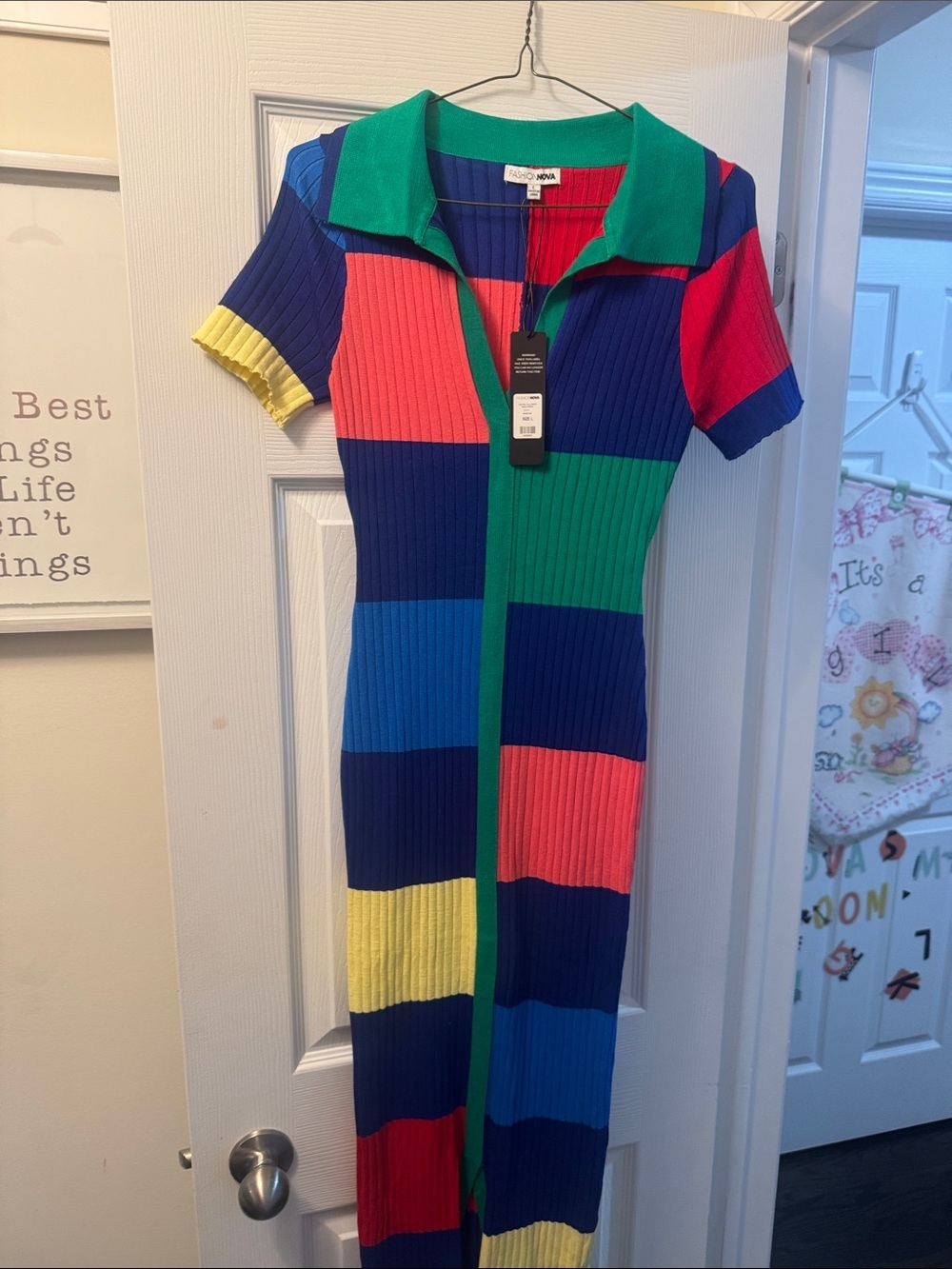 Multicolor Ribbed Zip-Front Colorblock Midi Dress NWT. LARGE - Picture 2 of 13